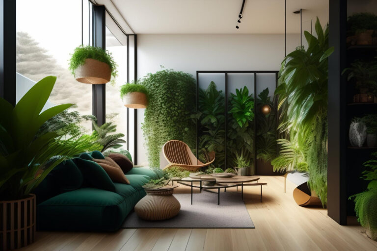 A living room with plants
