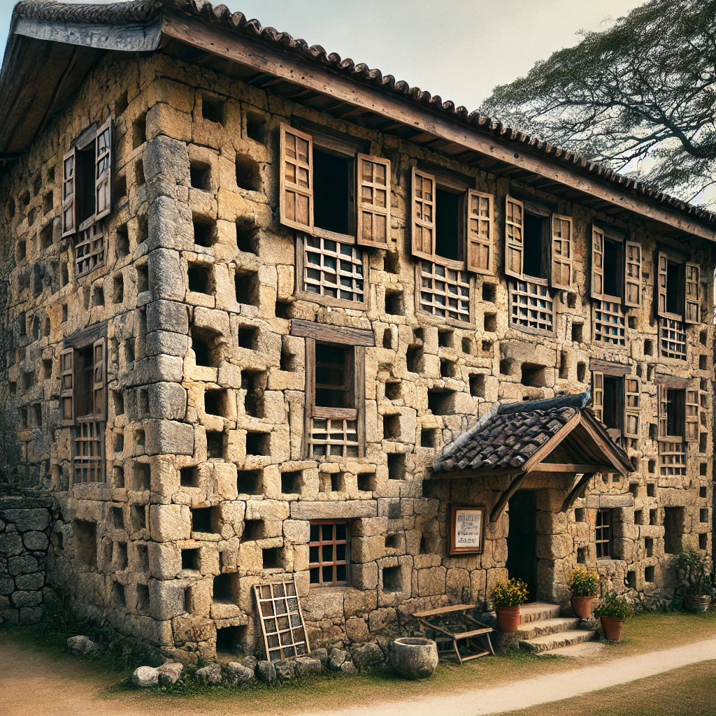 Squares Cut Out of Colonial Stone Houses Scaffolding