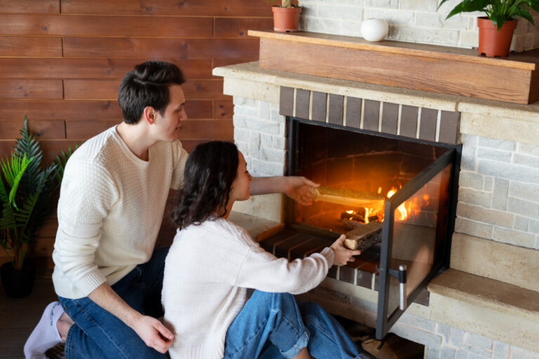 people sitting by the fireplace