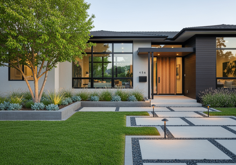 A beautiful tree is planted in front of the modern-designed house.