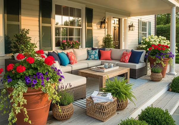 various types of flowers and small plants around the sofa on the house's balcony